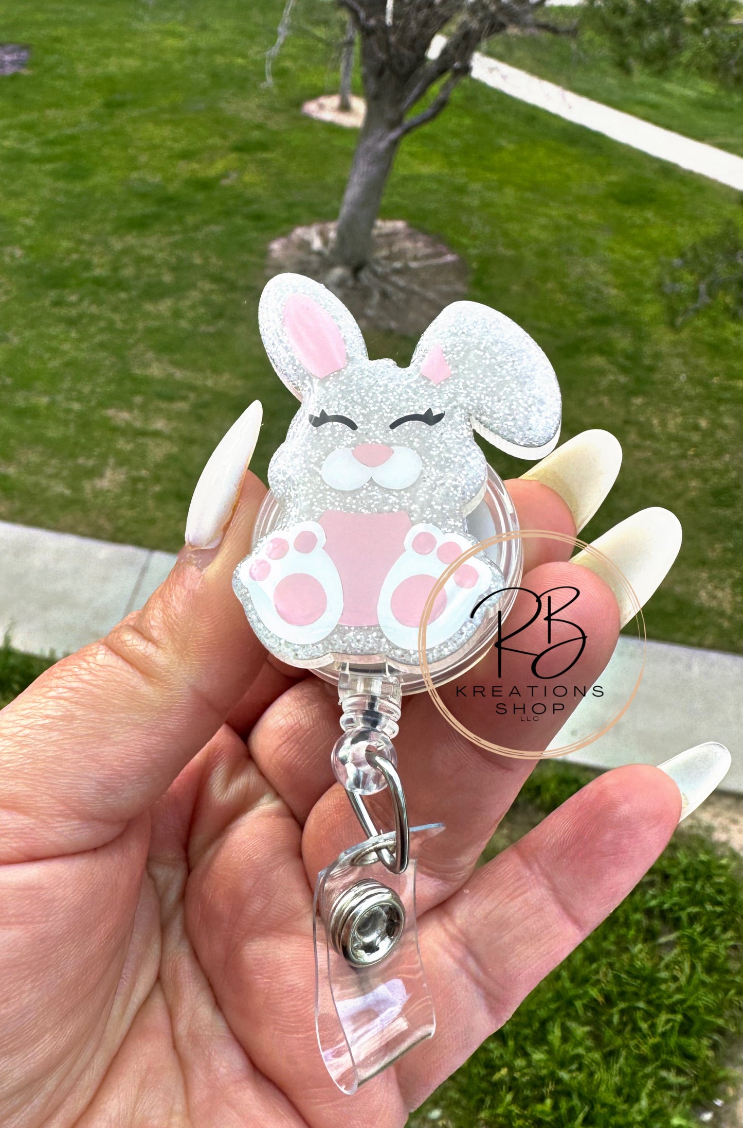 Cute Bunny Badge holder, Easter bunny badge reel with detachable carrot charm, Sitting Bunny badge reel, Animal reel