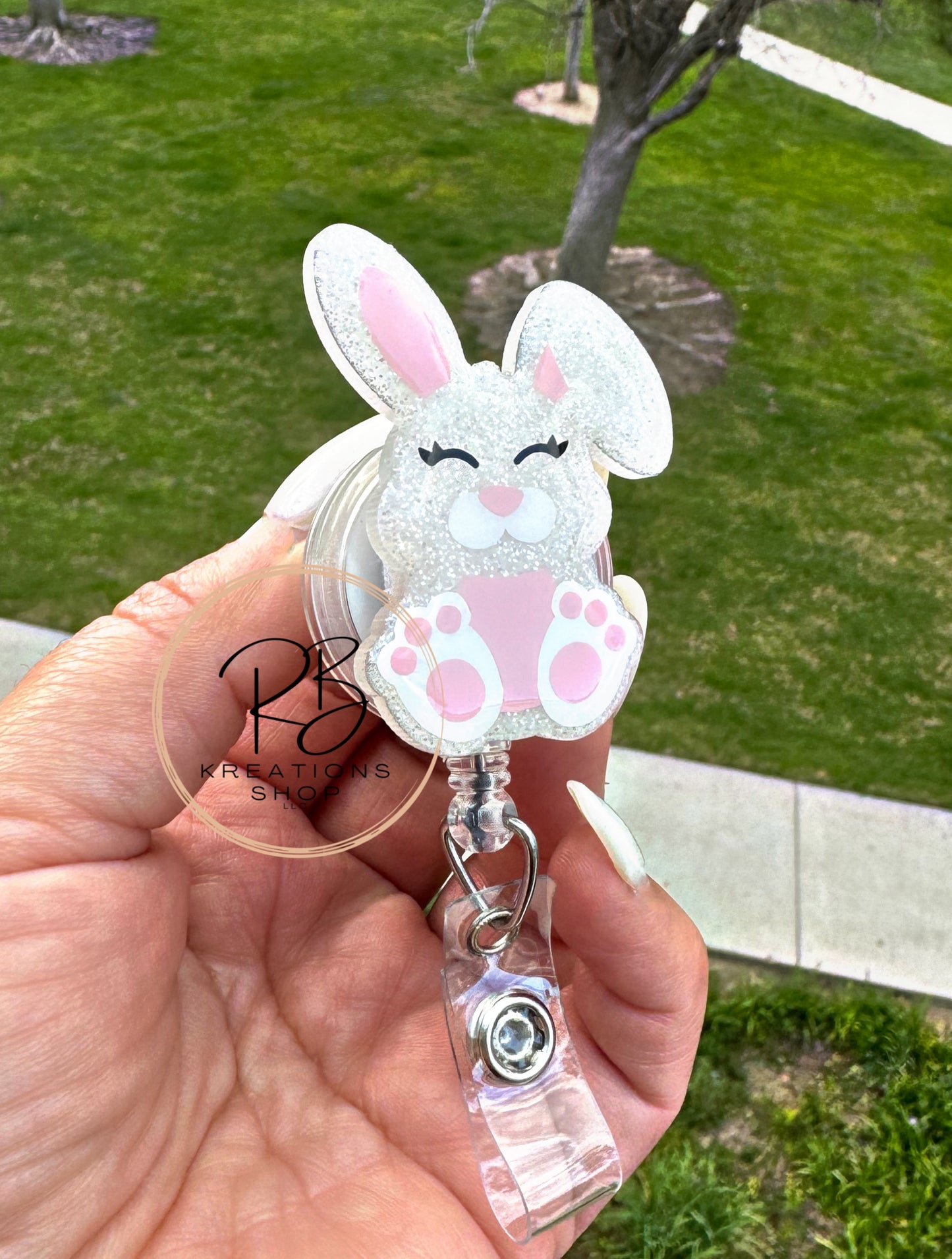 Cute Bunny Badge holder, Easter bunny badge reel with detachable carrot charm, Sitting Bunny badge reel, Animal reel