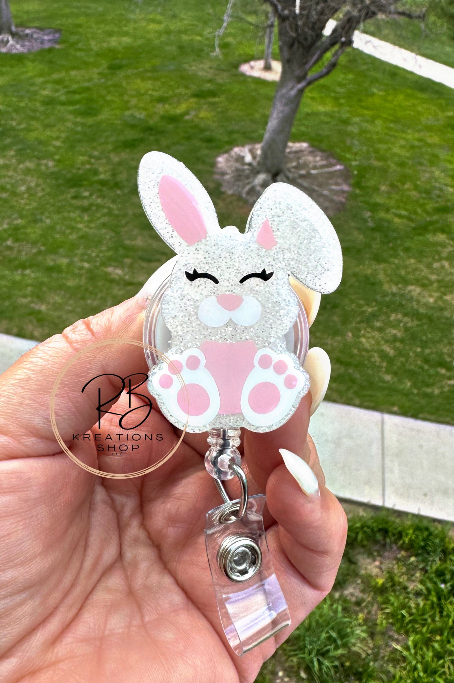 Cute Bunny Badge holder, Easter bunny badge reel with detachable carrot charm, Sitting Bunny badge reel, Animal reel