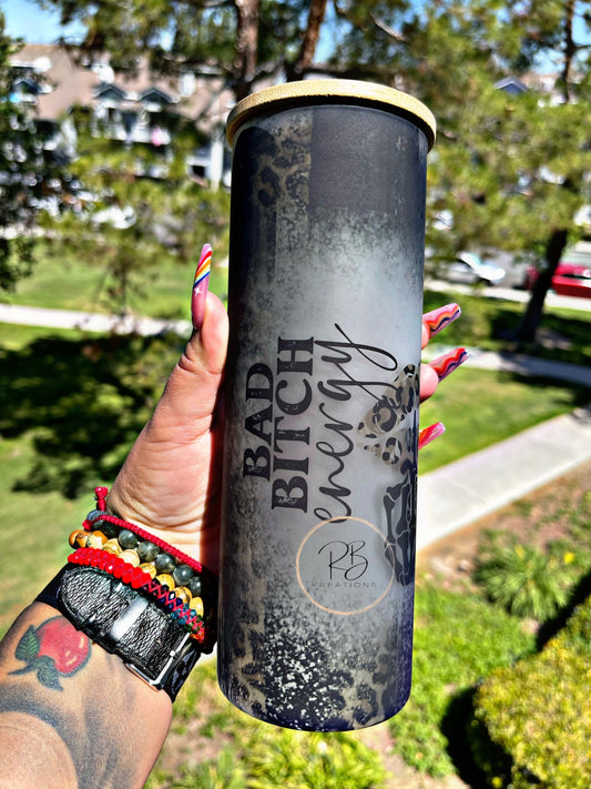 Bad Bitch Energy Tumbler | Leopard print Lips | Skeleton middle finger Funny tumbler | Mom tumbler | 25oz Skinny Frosted glass