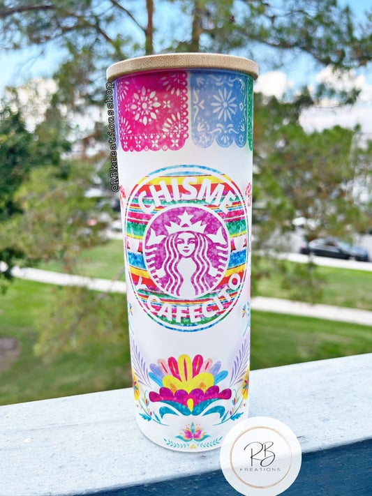 Chisme y Cafecito Frosted Tumbler | Cafecito Tumbler | Glass tumbler | Mom Tumbler | 25oz Skinny Frosted glass | Iced Coffee Tumbler |