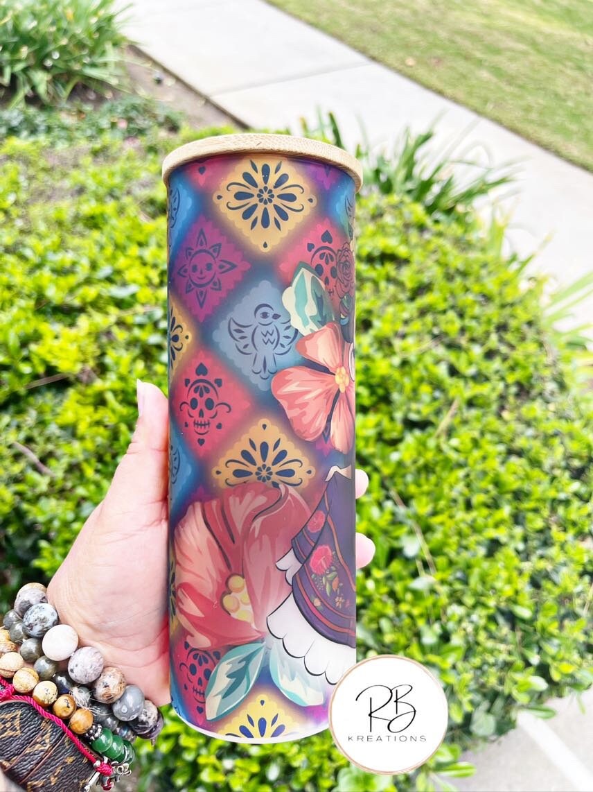 Dia de Los Muertos Frosted Tumbler | Cafecito Tumbler | Glass tumbler | Mom Tumbler | 25oz Skinny Frosted glass | Iced Coffee Tumbler |