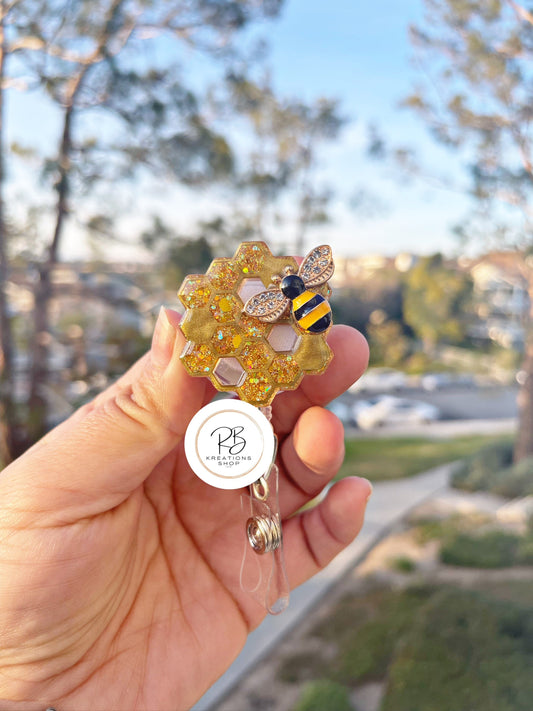 1.5" Honeycomb w/ 3D bee badge reel | Nurse Badge Holder | Teacher ID Card Holder | Interchangeable