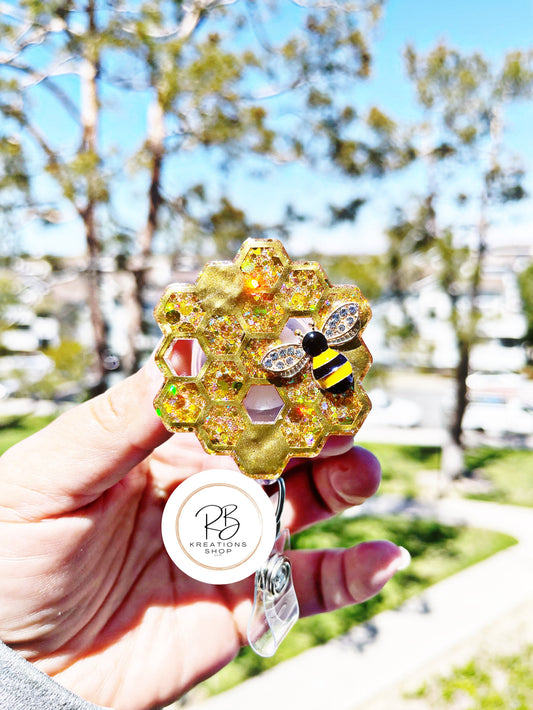 2” Honeycomb w/ 3D bee badge reel | Nurse Badge Holder | Teacher ID Card Holder | Interchangeable