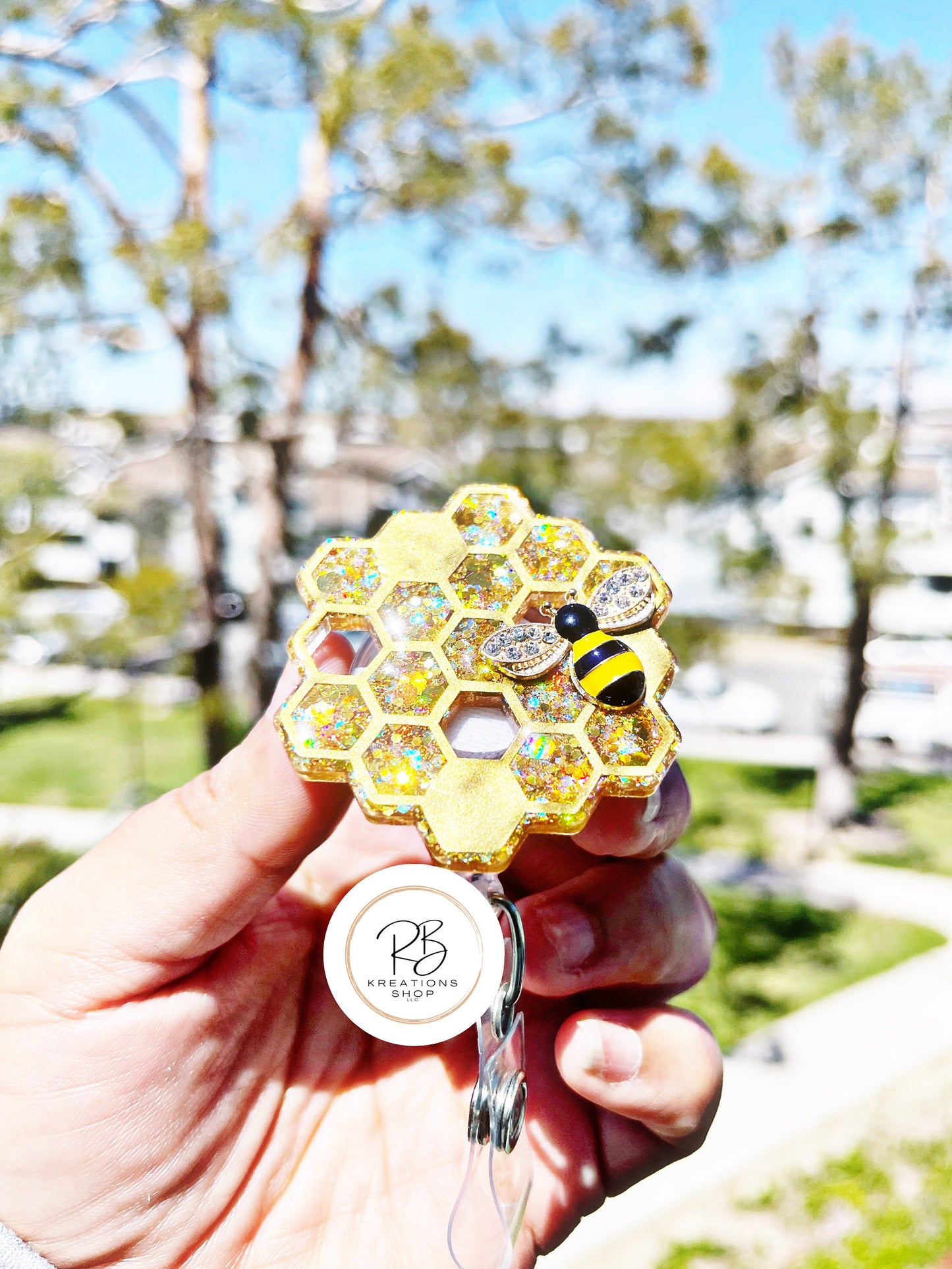 2” Honeycomb w/ 3D bee badge reel | Nurse Badge Holder | Teacher ID Card Holder | Interchangeable