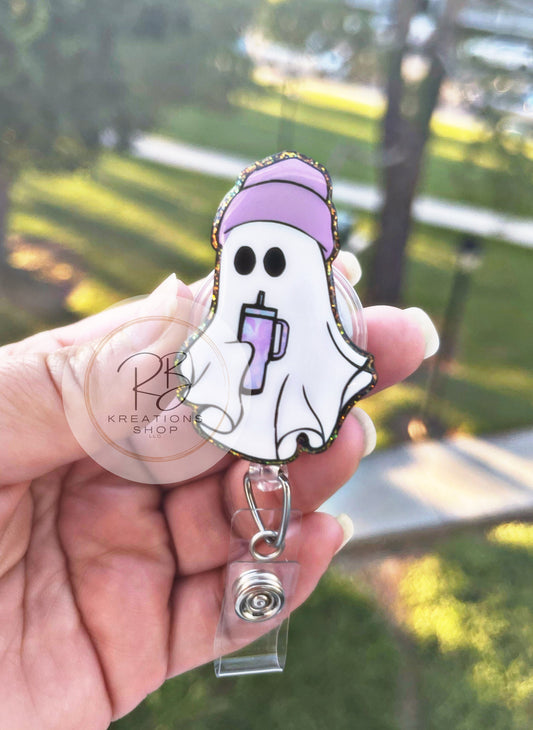 Boujee Ghost with coffee badge reel | Boujee ghost badge holder  |Halloween Badge reel | Medical Badge Reel  | Retractable | Interchangeable